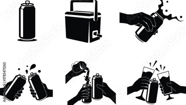 Obraz Beer can silhouette vector illustration showing hands holding, pouring, and cheering drinks with cooler box for celebration and refreshment concept.
