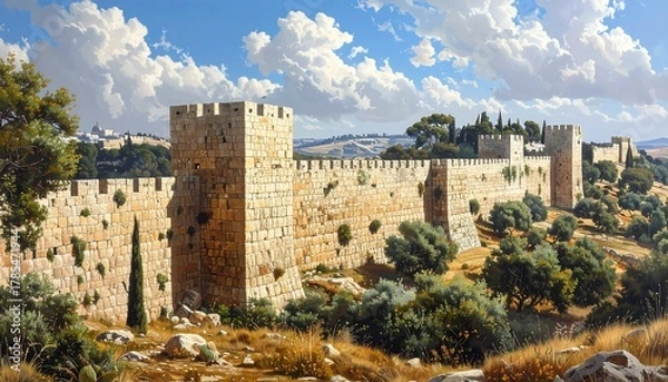 Fototapeta Ancient City Wall Under Cloudy Sky Painting, Historical Architecture Scene