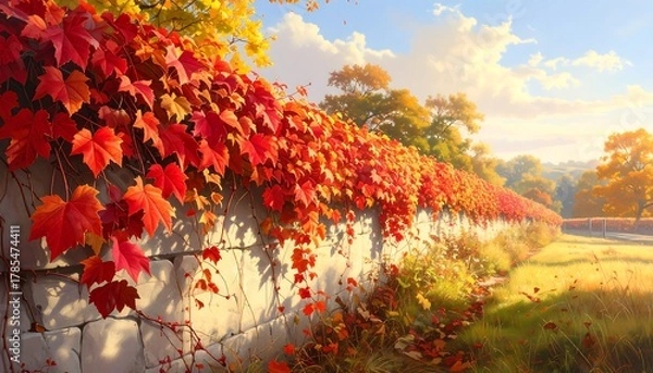 Fototapeta Autumn Foliage on a Stone Wall, Landscape Scene with Vibrant Colors