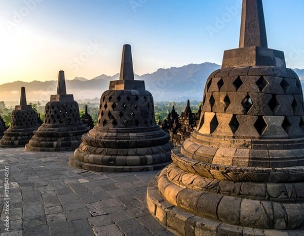 Fototapeta Ancient stone structures at sunrise, with mountainous backdrop