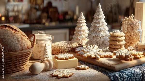 Obraz Warm Festive Christmas Cookies and Treats on Rustic Table
