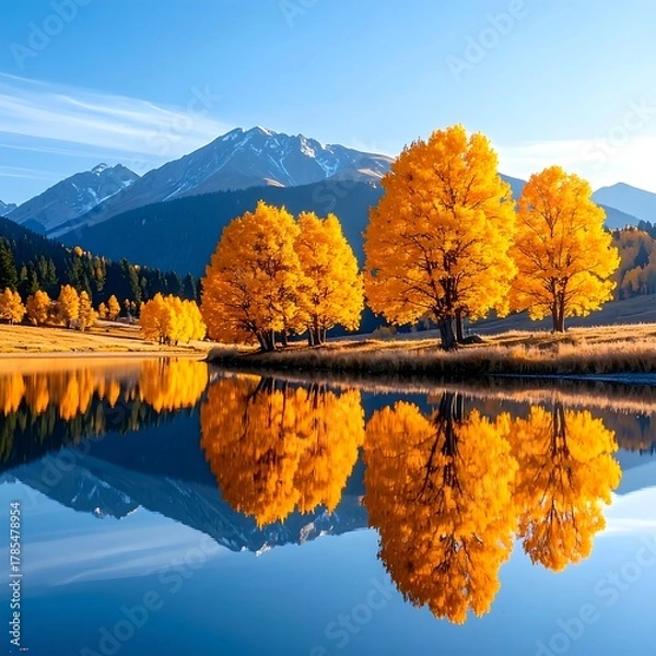Fototapeta Autumn scene of golden trees reflecting in a tranquil lake with mountains