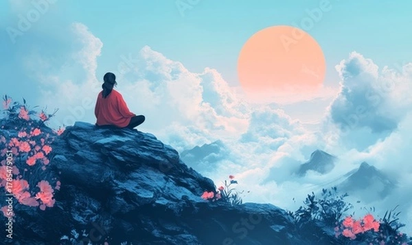Fototapeta Meditation scene with a woman sitting on a rock beside a lake, embodying mindfulness, relaxation, and spiritual reflection. The tranquil landscape provides an ideal backdrop, Generative AI