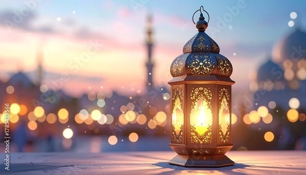 Fototapeta Beautiful lantern illuminated during sunset with mosque in the background