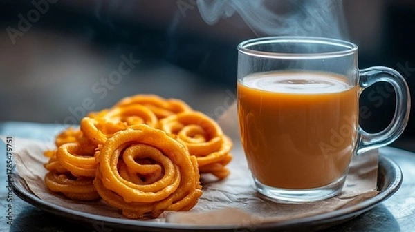 Fototapeta Traditional Pakistani chai served in a clear glass cup with steam rising, placed next to freshly fried, golden snack on a metal tray lined with paper.