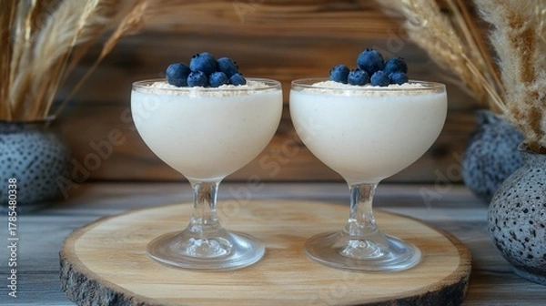 Fototapeta Glass of plain yogurt with fresh blue berry on top with mint on wooden surface.