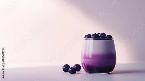 Fototapeta Greek yogurt served in a simple glass jar, topped blueberry, front view with bright natural lighting on white background.