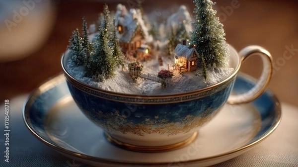 Fototapeta Winter Village Scene Inside Blue and Gold Teacup on Table with Snow Covered Miniature Trees