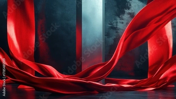 Fototapeta Flowing ribbons of crimson silk, entangled around a featureless, chrome obelisk, representing bureaucratic entanglement, dramatic studio lighting