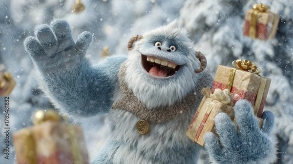 Fototapeta Happy Yeti Holding Christmas Gifts in a Snowy Winter Wonderland Scene with Joyful Expression