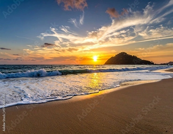 Fototapeta Beach scene with a vibrant sunset over the ocean and island