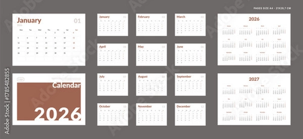 Fototapeta 2026 Calendar Planner Set of Template grid Monthly Page, Cover with Place for Photo, Company Logo, Annual 2026, 2027. Vector layout of wall or desk organizer ready print. Week start Monday. Pages A4