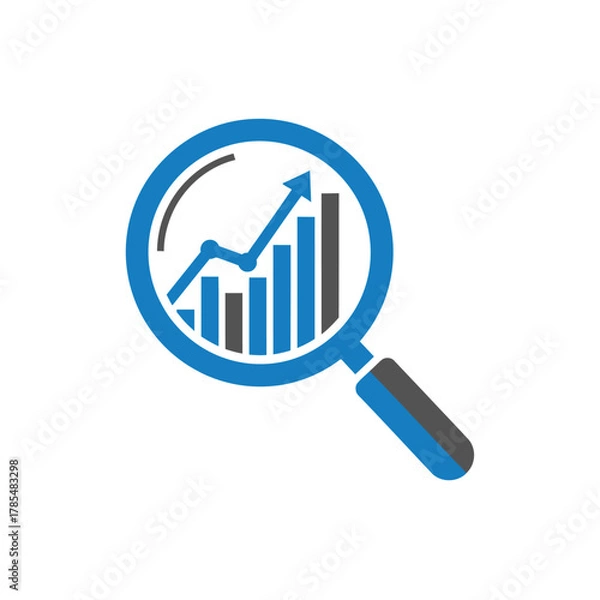 Obraz Magnifying glass icon analyzing a bar chart with an upward trend, symbolizing business growth and data analysis.