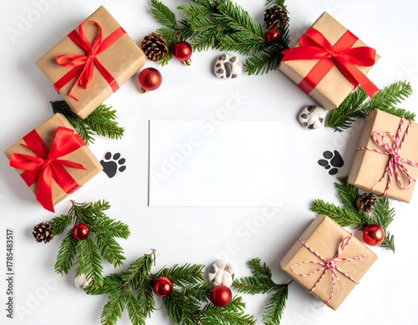 Obraz Christmas circular frame of gift boxes, evergreen branches, and red ornaments with paw prints on a white background, ideal for holiday messages and copy space