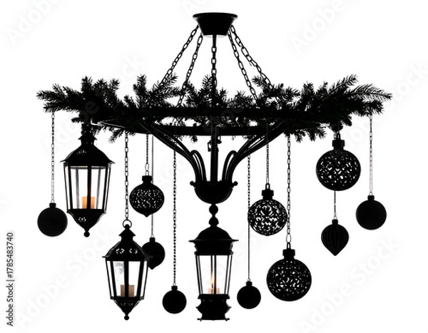 Obraz Elegant Christmas Chandelier Silhouette with Ornaments and Pine Swags