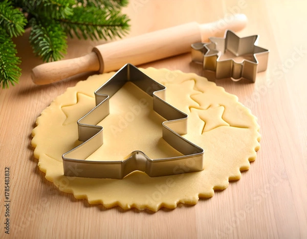 Obraz Baking festive Christmas cookies. Tree cutter on rolled dough, star shapes, rolling pin, pine branch. Homemade holiday treat preparation