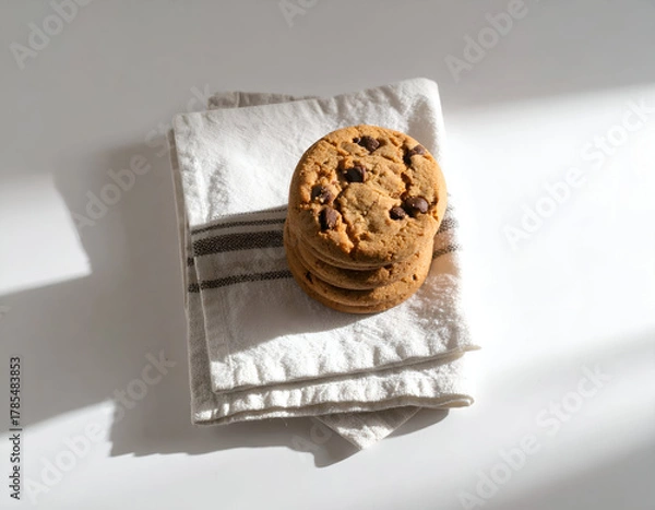 Obraz A minimalist top-down view of freshly baked chocolate chip cookies stacked on a kitchen napkin, with bright overhead sunlight creating clear shadows