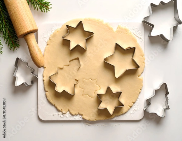 Obraz Christmas Cookie Preparation Cutting out star-shaped cookies on a cutting board, holiday baking