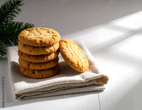 Obraz Stack of delicious peanut butter cookies artfully arranged on a light-colored cloth, with a hint of green pine in the background