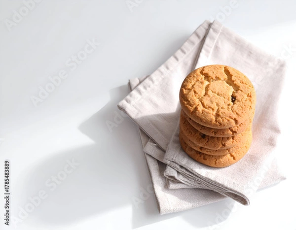 Obraz A stack of delicious, freshly baked cookies rests on a neatly folded napkin, bathed in soft, directional light creating gentle shadows