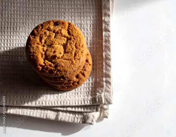 Obraz A stack of delicious cookies on a textured beige cloth, bathed in sunlight