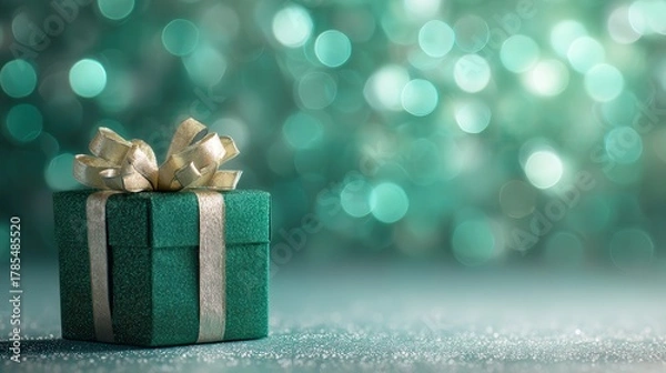 Obraz Teal Glitter Gift Box with Silver Bow on Sparkling Background