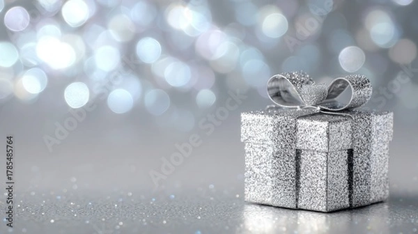 Fototapeta Silver Gift Box with Bow on Sparkling Background
