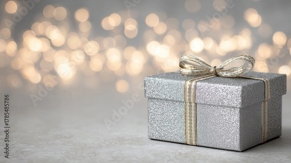Fototapeta Silver Glitter Gift Box with Gold Ribbon on Beige Surface and Sparkling Background