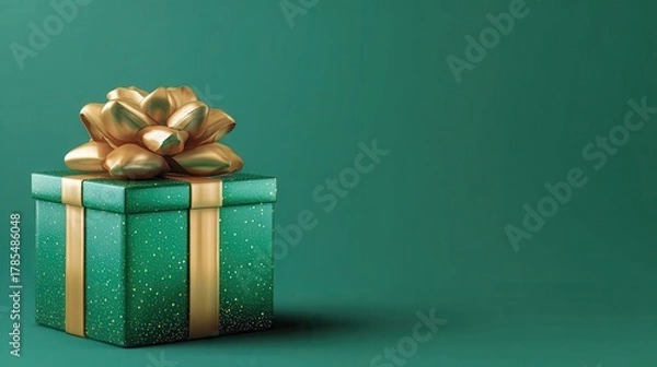 Fototapeta Green Gift Box with Gold Bow and Glitter on Green Background