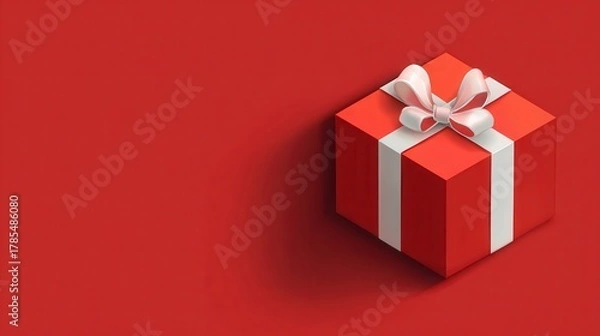 Fototapeta Red Gift Box with White Ribbon on Red Background