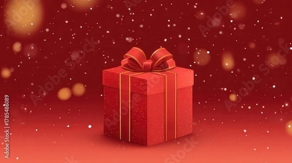 Fototapeta Red Gift Box with Gold Ribbon on Red Sparkling Background