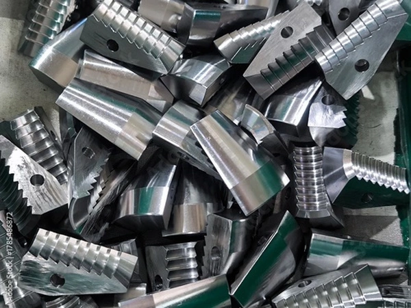 Fototapeta A Pile of CNC Machined Metal engineering Parts.