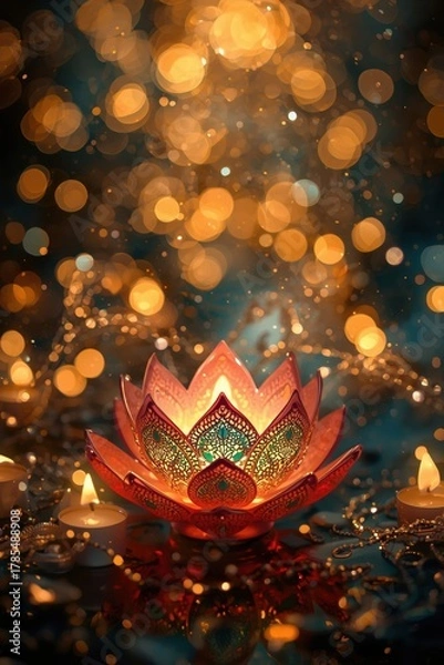 Fototapeta Floating lantern flower illuminated at night with bokeh lights