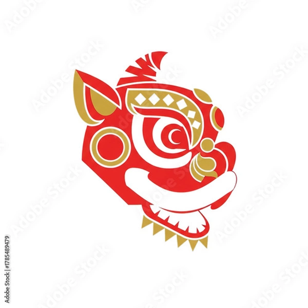 Fototapeta Vibrant and stylized chinese lion dance mask with intricate patterns and bold colors isolated on transparent background