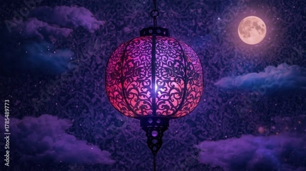 Fototapeta Ornate moroccan lantern illuminated against a starry night sky with full moon