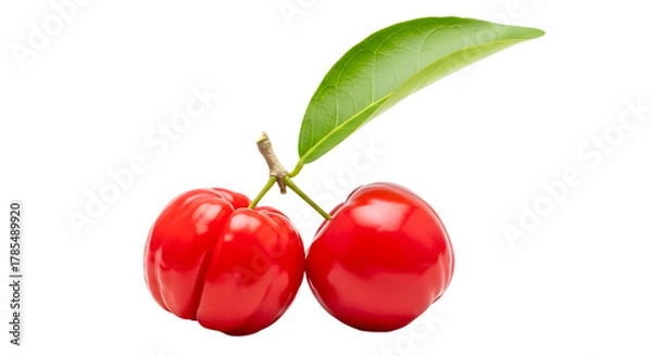 Fototapeta Two red acerola cherries with a green leaf attached on transparent background