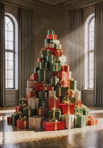 Fototapeta Towering Christmas Gift Stack Shaped Like A Tree