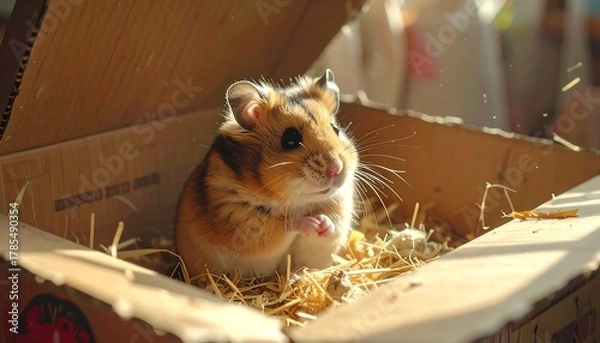 Fototapeta Charming hamster sits inside a cardboard box with hay, adorable pet concept