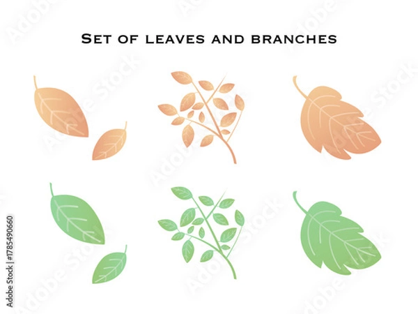 Fototapeta シンプルな葉っぱと枝のイラストセット | オレンジ・緑の季節のグラデーション