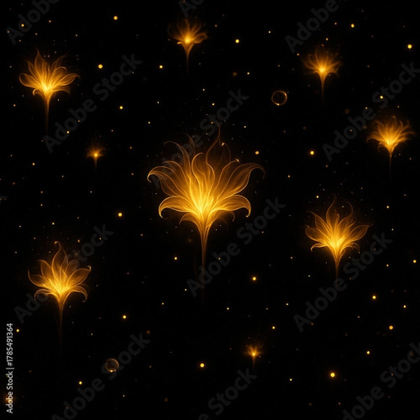 Fototapeta AI generated glowing golden flowers floating in dark space with soft radiant light expressing mystical calm dreamlike beauty and gentle ethereal energy