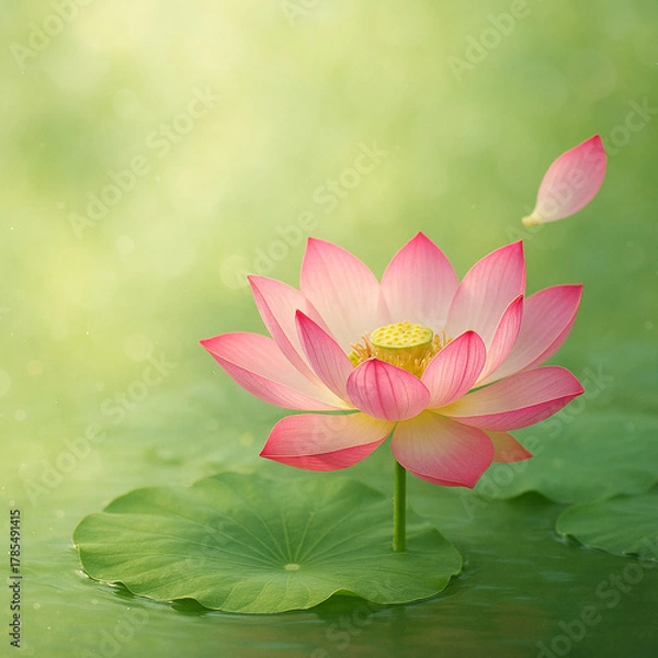 Fototapeta AI generated gentle pink lotus blooming on calm water with soft green light atmosphere conveying peace healing nature and inner soothing calmness