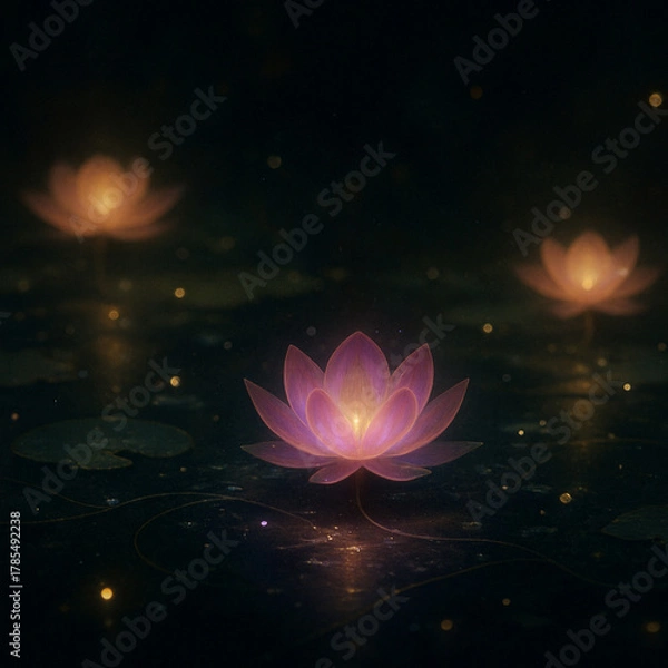 Fototapeta AI generated glowing lotus floating on dark water with gentle warm light creating a serene mystical and peaceful atmosphere.