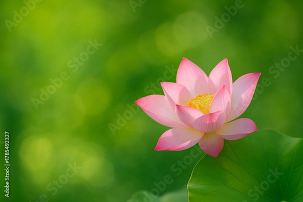 Fototapeta AI generated pink lotus blooming gently with warm yellow center against soft green bokeh background expressing peaceful natural beauty and quiet inner calm