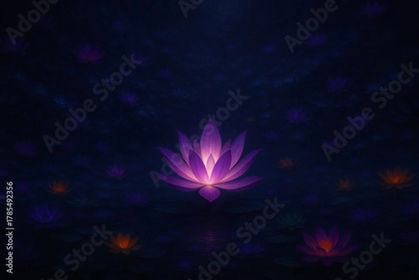 Fototapeta AI generated glowing purple lotus surrounded by mystical flowers in a deep cosmic dreamlike atmosphere symbolizing inner light awakening peace and spiritual connection in serene darkness