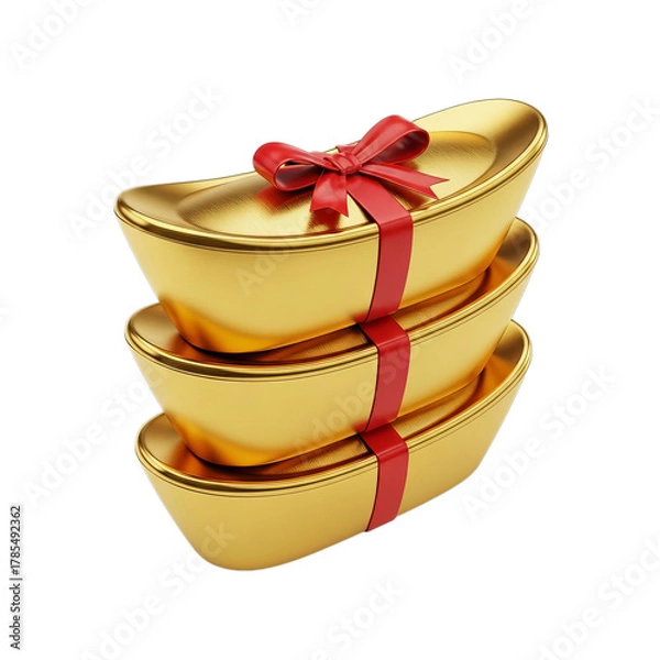 Fototapeta Stack of three golden chinese ingots tied with a red ribbon isolated on transparent background