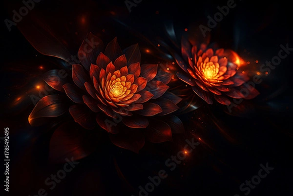 Fototapeta AI generated surreal glowing lotus flowers with metallic layered petals and warm fiery light surrounded by flowing particles creating a deep mystical abstract atmosphere