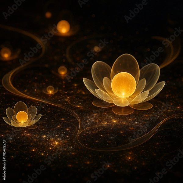 Fototapeta AI generated luminous lotus blooms glowing with warm golden energy floating in a deep dreamy space creating a calm mystical and spiritual atmosphere full of gentle cosmic beauty