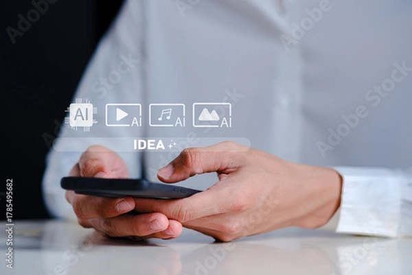 Obraz Person Holding Smartphone with AI Concept Icons Displayed, Exploring Music, Images, and Videos through Advanced Technology Interface