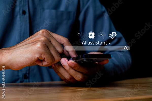 Fototapeta Person Using Smartphone to Access AI Assistant for Technology and Digital Solutions in a Modern Workspace Environment