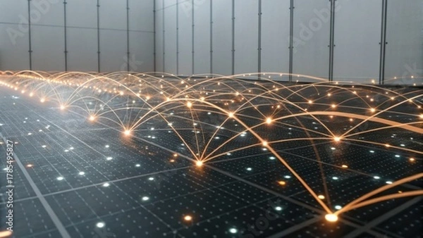 Obraz A digital landscape featuring glowing connections across a grid, symbolizing technology and network communications.